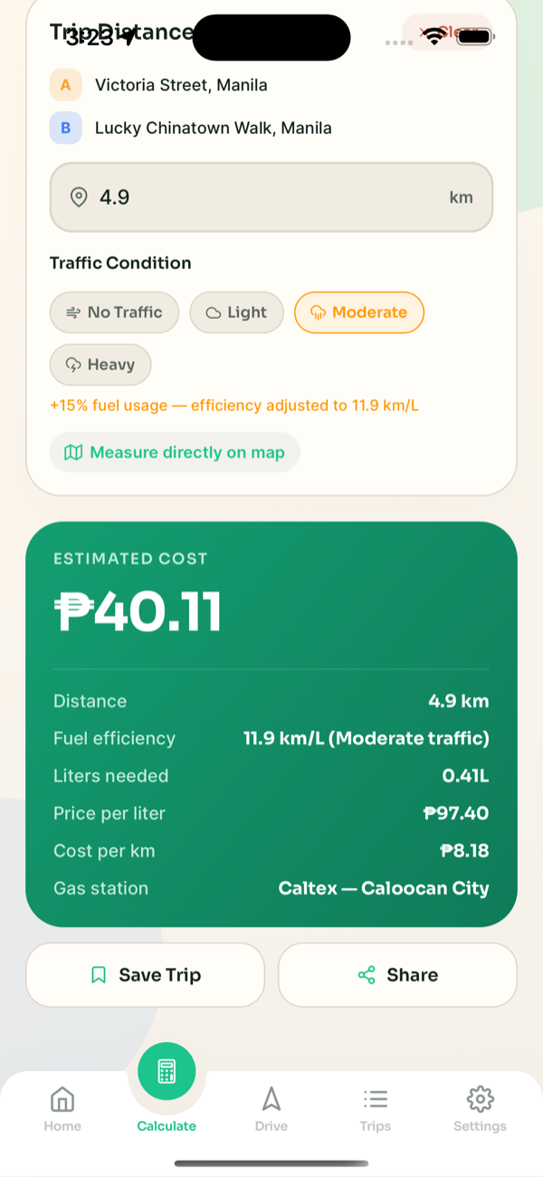 Refilio trip calculator preview